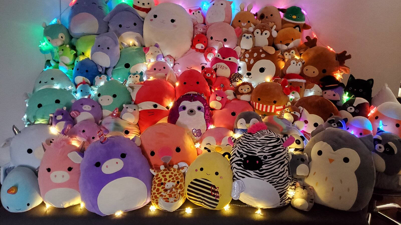 活力四射的 Squishmallows 玩具系列 壁紙 — 一個由色彩繽紛的毛絨玩具堆成的舒適金字塔，在溫暖的串燈照耀下，背景是素牆。