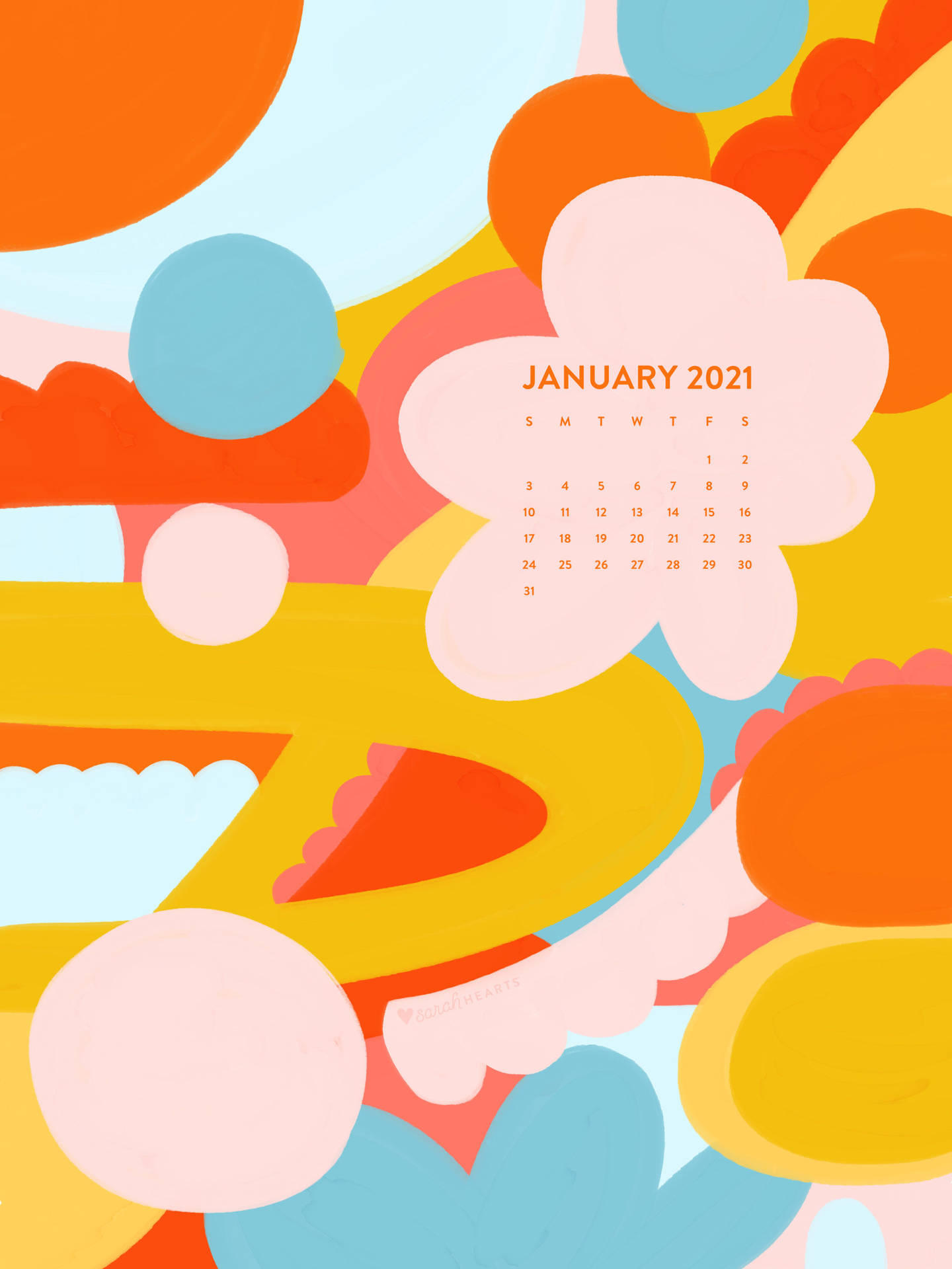 2021年1月日曆被色彩繽紛的抽象形狀和柔軟的雲朵狀形態包圍。