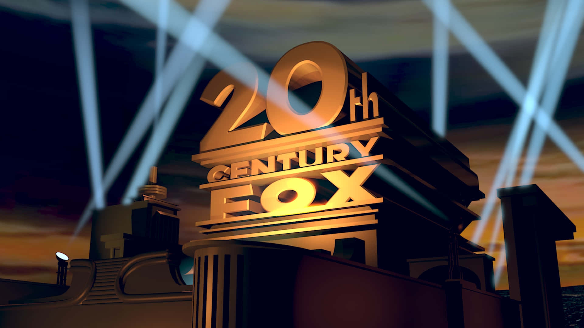 金色嘅20th Century Fox標誌喺黃昏嘅聚光燈下發光。