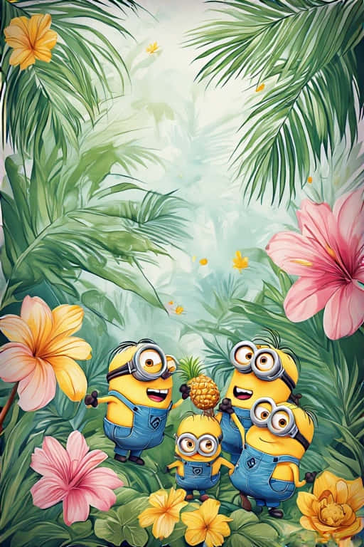 四個穿著藍色工裝褲和護目鏡的Minions站在熱帶花卉和棕櫚葉中，手持一個菠蘿。