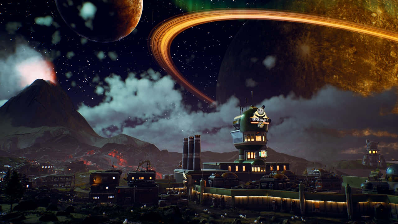 活力四射的720p背景 壁紙 — 一個未來主義的外星城市在星空下發光，背景有巨大的環狀行星和火山山脈。