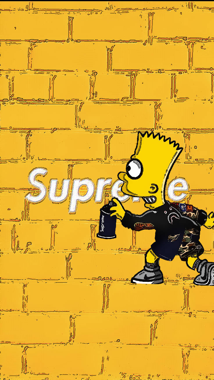 巴特·辛普森在黃色磚牆上噴漆 Supreme。
