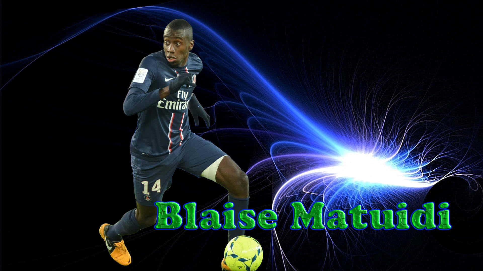 活力四射的布萊斯·馬圖伊迪賽場表現 壁紙 — 足球員 Blaise Matuidi 在黑色背景前移動，身後有發光的藍色能量爆發。
