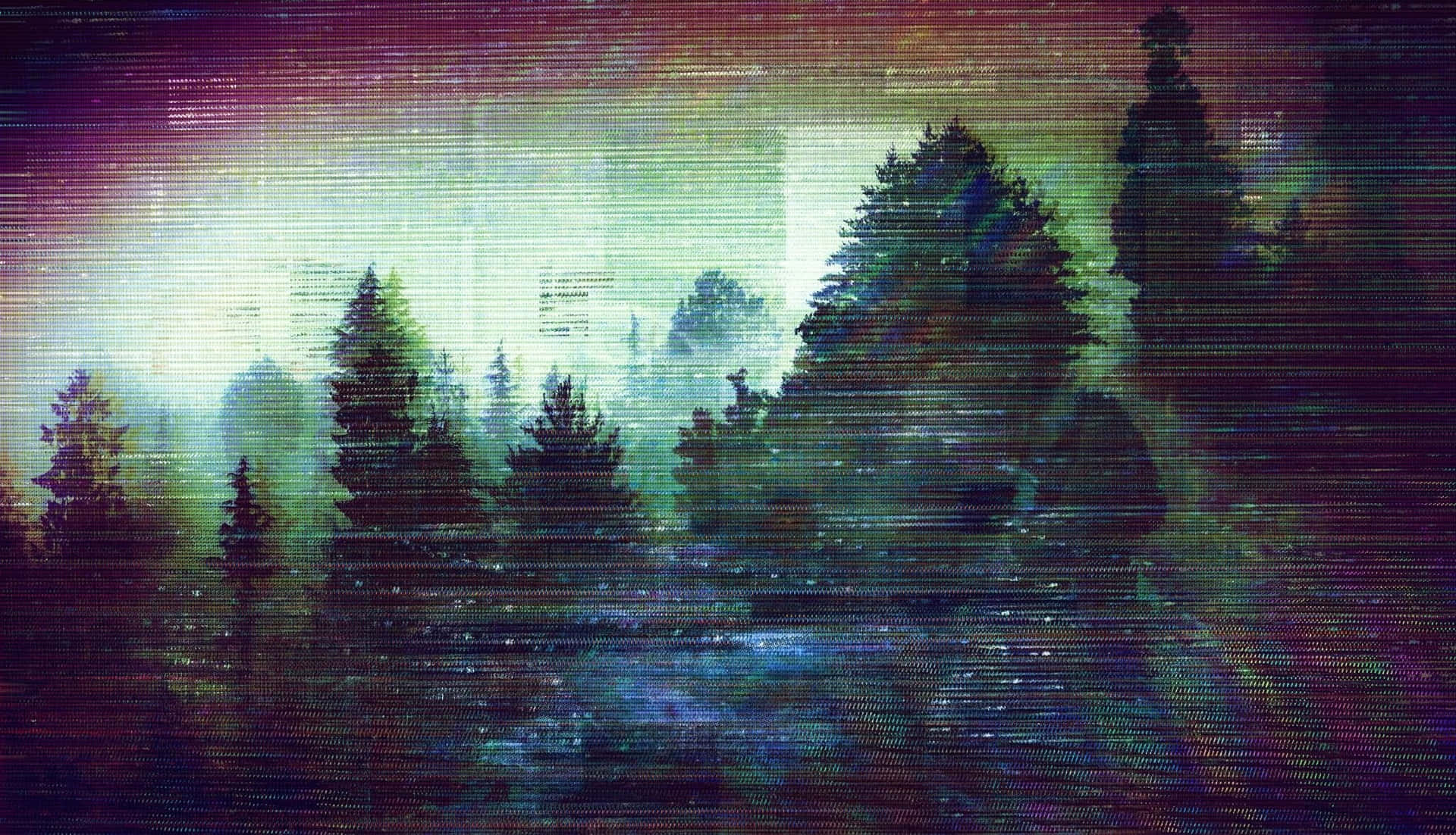 故障藝術森林在極光下，帶有數位扭曲和鮮豔色彩