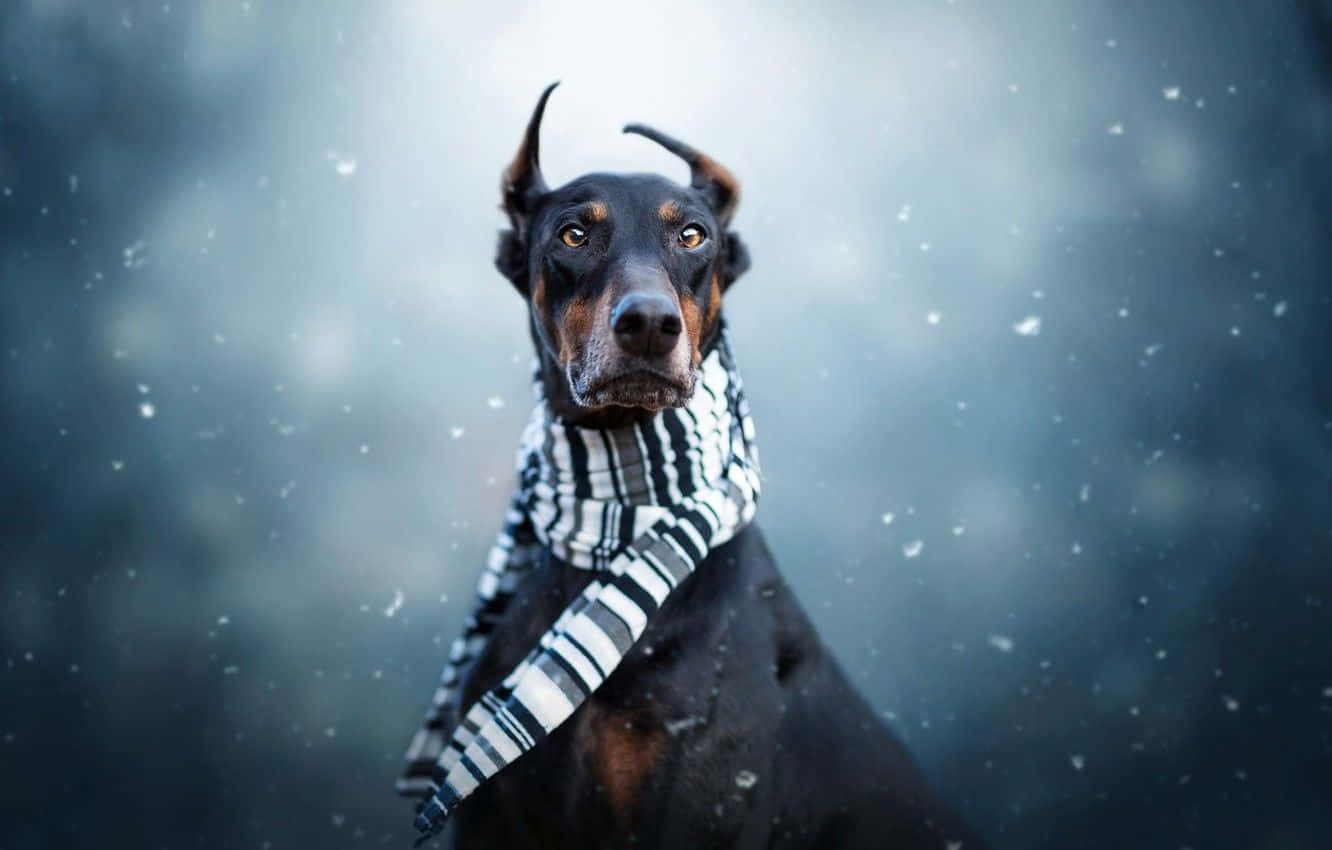 雪中的杜賓犬戴著條紋圍巾