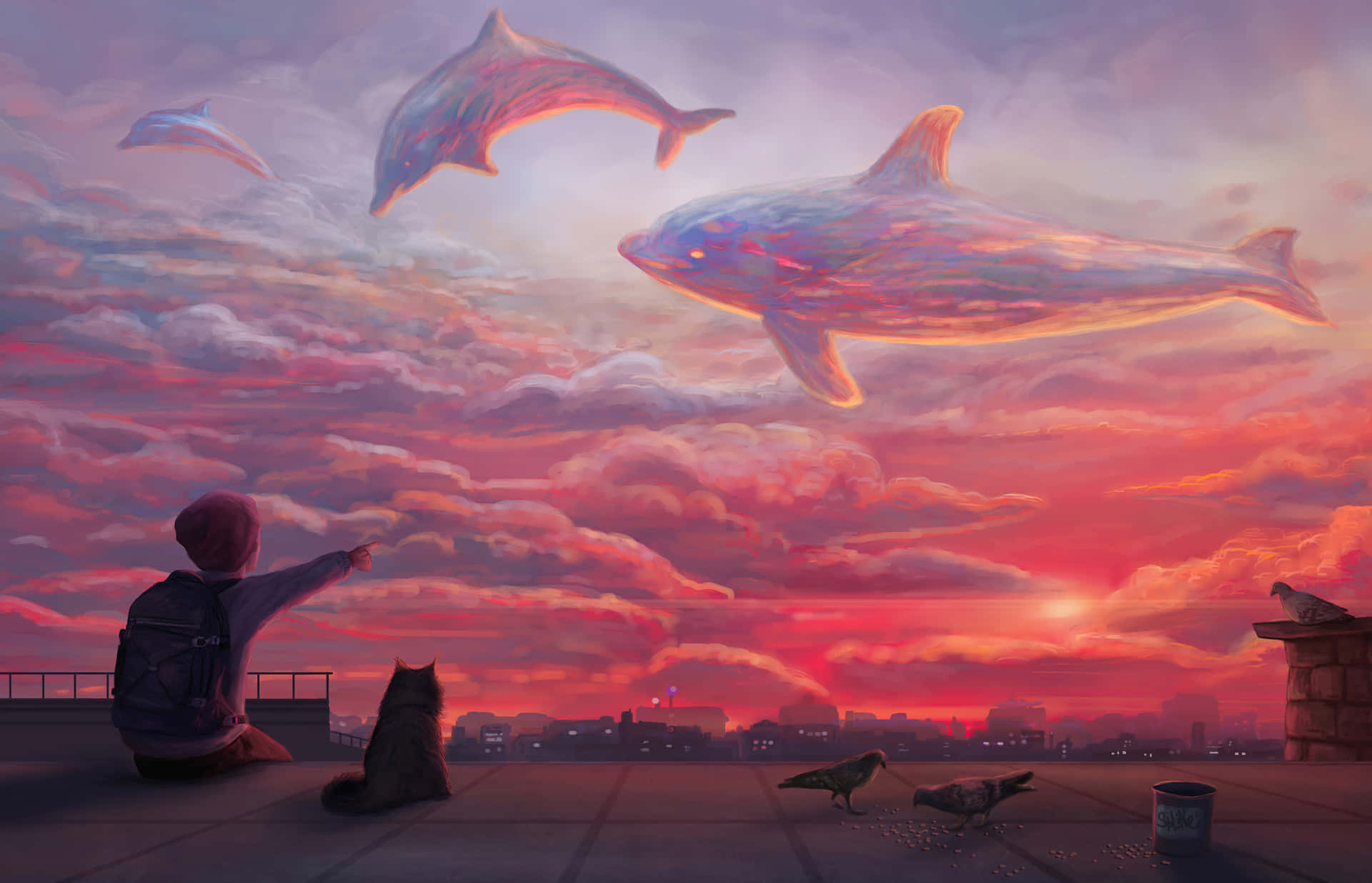 一個人同貓喺城市上空嘅日落天空睇緊巨大發光嘅海豚。 — 邁阿密海豚 GIF 壁紙