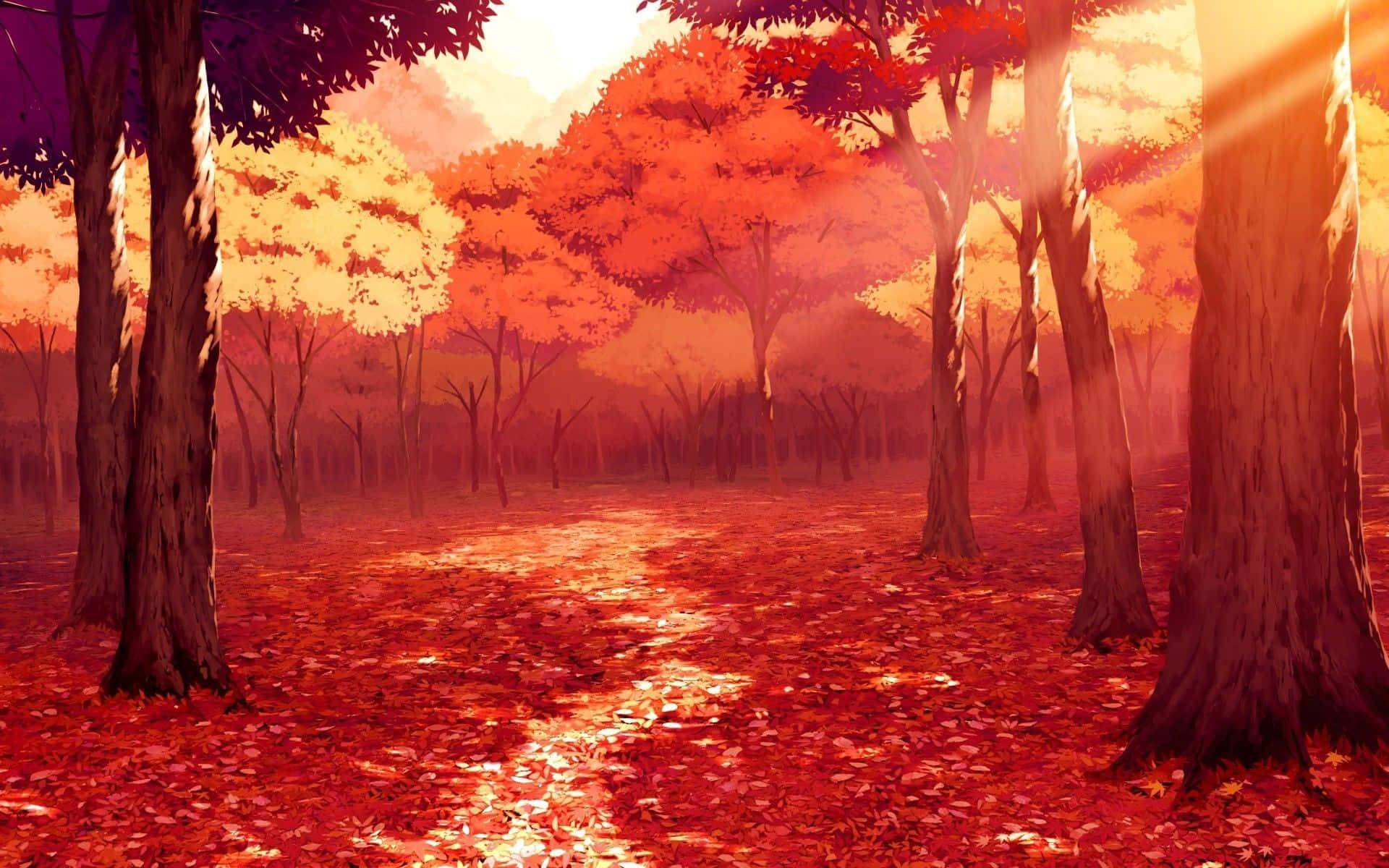 活力四射的紅色動漫風格 壁紙 — 陽光穿過鮮豔的橙色和紅色秋樹，在寧靜森林的落葉地毯上投下溫暖的光芒。