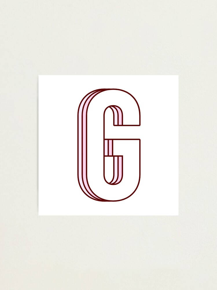 白色背景上，帶有紅色輪廓和粉紅色條紋的風格字母G。