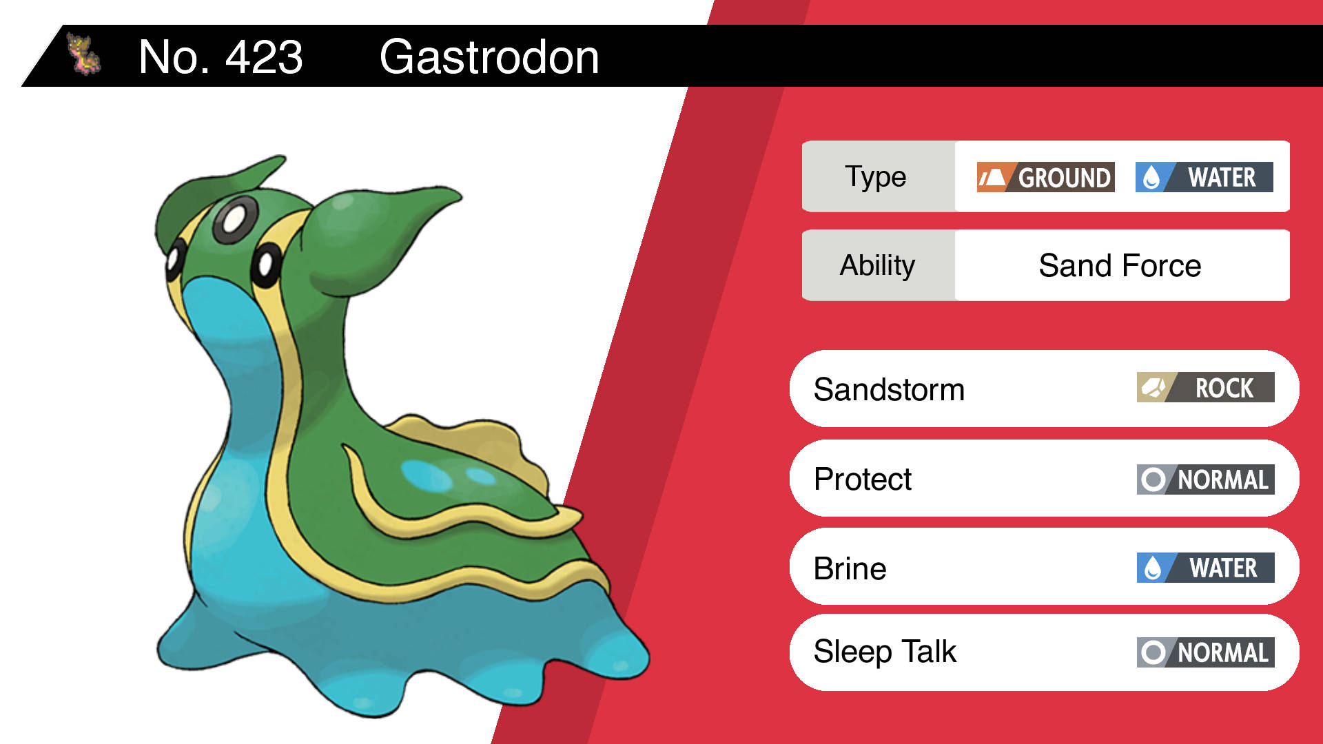 Gastrodon寶可夢狀態卡，附有類型和攻擊詳細資訊。