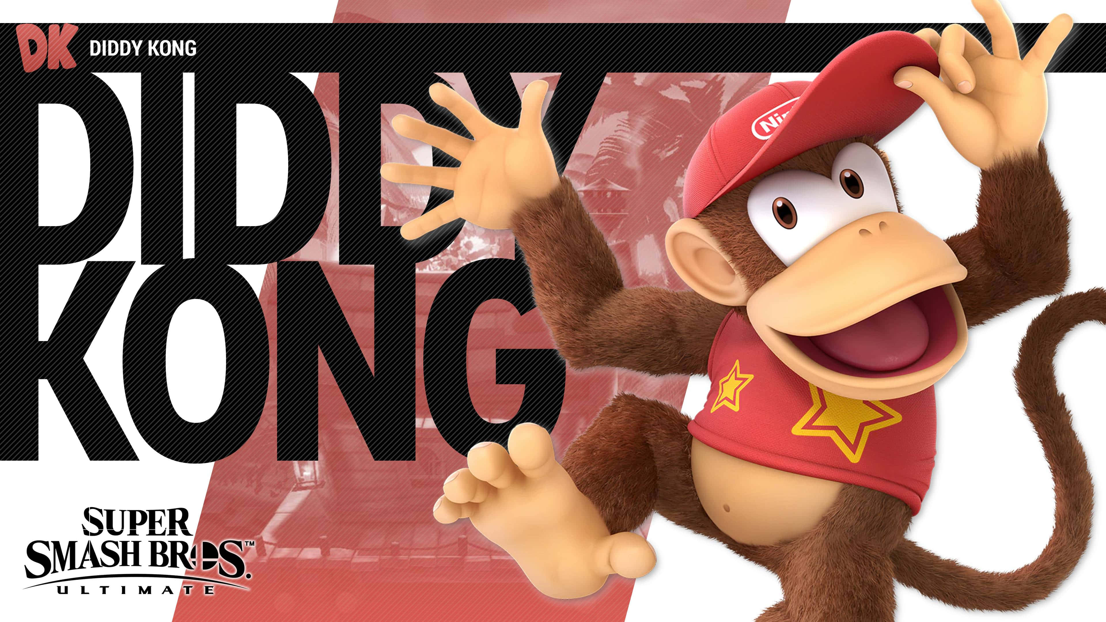 活力四射的迪迪剛剛準備行動！ 壁紙 — Diddy Kong 戴著紅色帽子和穿著紅色襯衫，在Super Smash Bros Ultimate中對著粗體黑色文字背景歡快地跳躍。