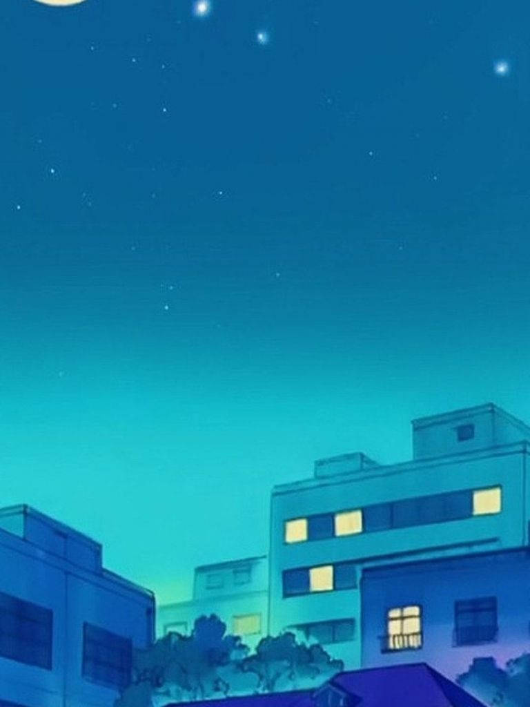 動漫風格的城市建築在夜晚，發光的窗戶在星空下。