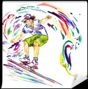 活力塗鴉滑板者 壁紙 — 一幅充滿活力的水彩插圖，描繪一名滑板手正在進行技巧動作，周圍環繞著旋轉的彩虹運動線條。