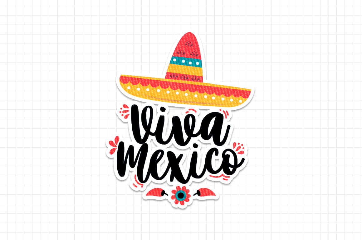 Viva Mexico 貼紙，帶有闊邊帽和花朵，背景為方格紙。