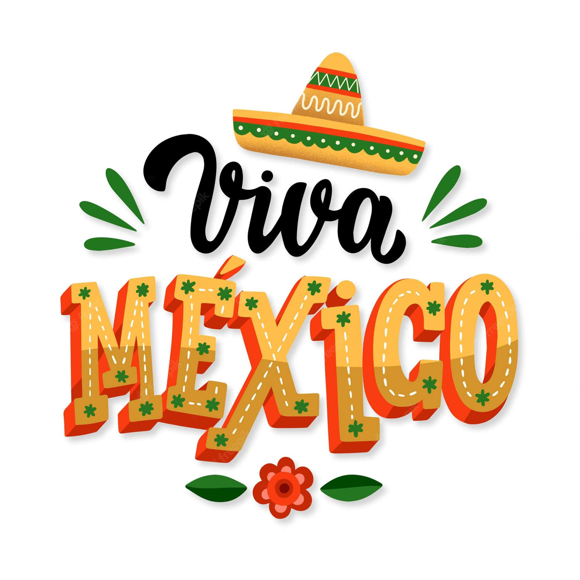 Viva Mexico 節日圖案，配有墨西哥闊邊帽和萬壽菊裝飾。