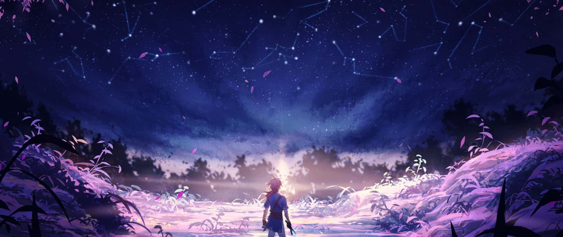 一個人仰望繁星點點的夜空，發光的星座籠罩在紫色田野之上。