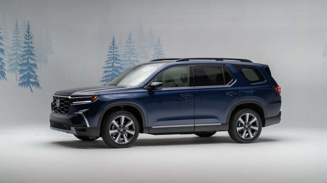 活力時尚的2023 Honda Pilot 壁紙 — 一輛時尚的藍色SUV停在工作室內，背後牆上畫有松樹。