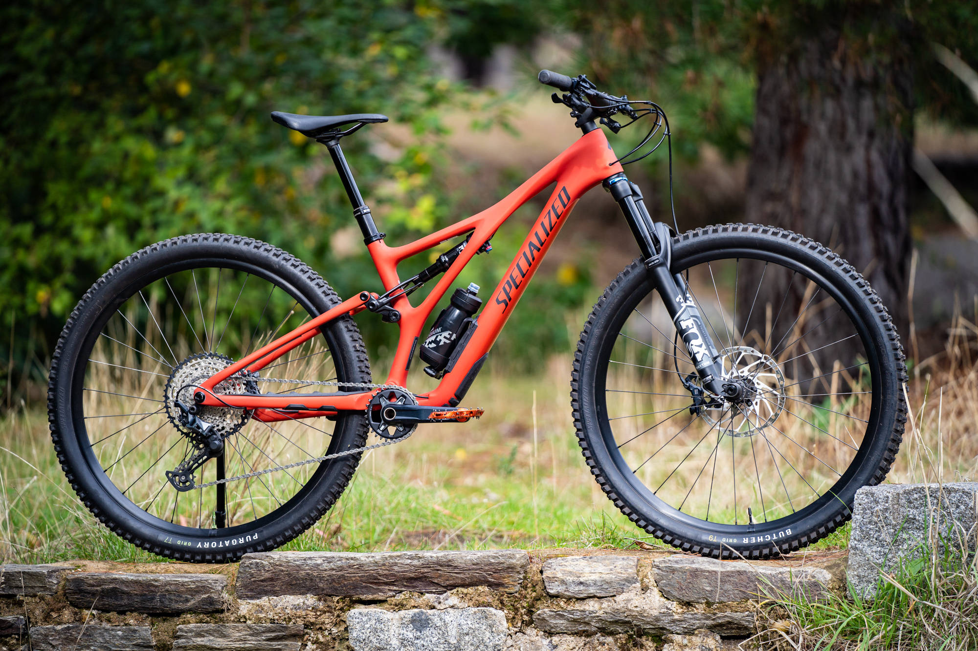 活力橙色 Specialized 自行車置身大自然 壁紙 — 一輛鮮橙色的Specialized山地單車停放在石牆上，周圍是茂密的綠色樹葉。