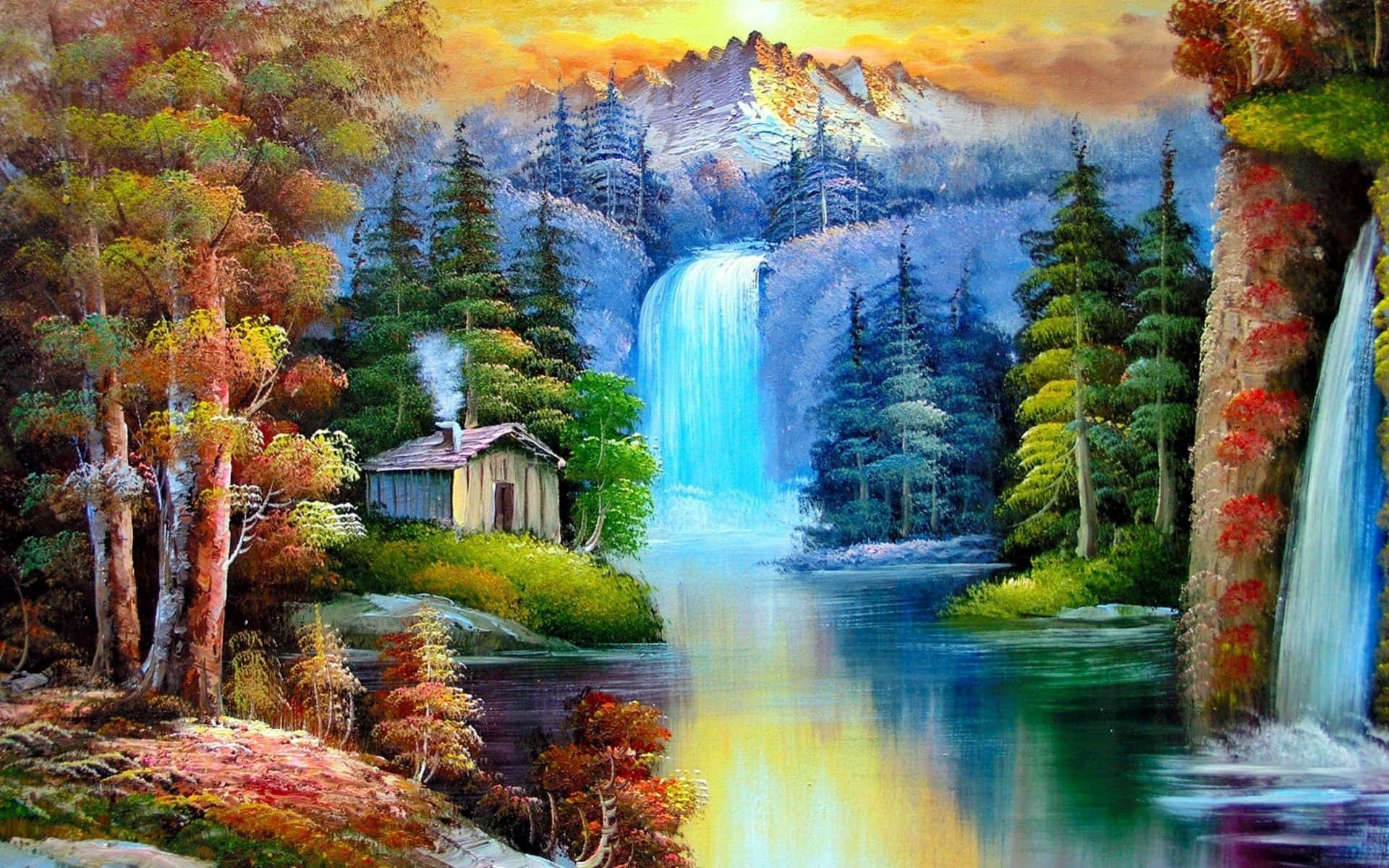 活力橙色抽象藝術 壁紙 — 一幅充滿活力的油畫，描繪了山間瀑布傾瀉入河，旁邊是一座被秋樹環繞的質樸小屋。