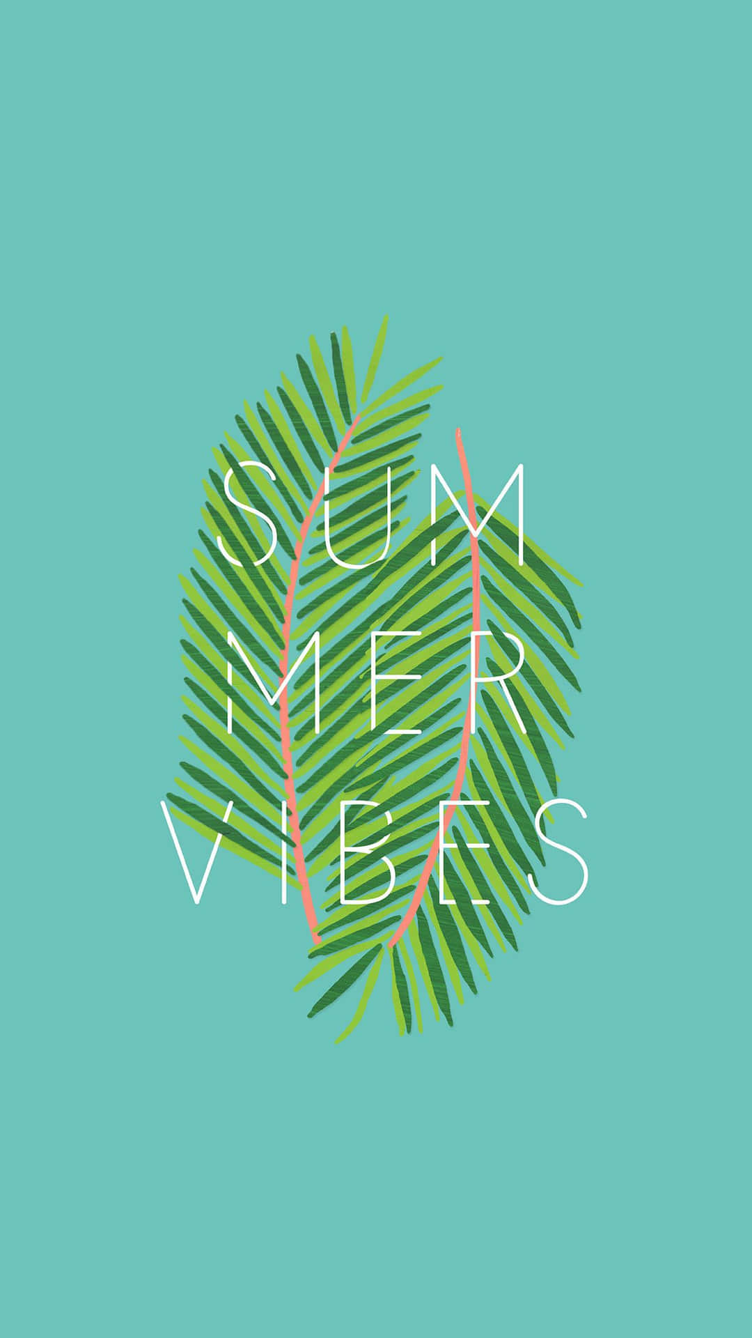 棕櫚葉圖形，帶有 summer vibes 文字，背景為青色。