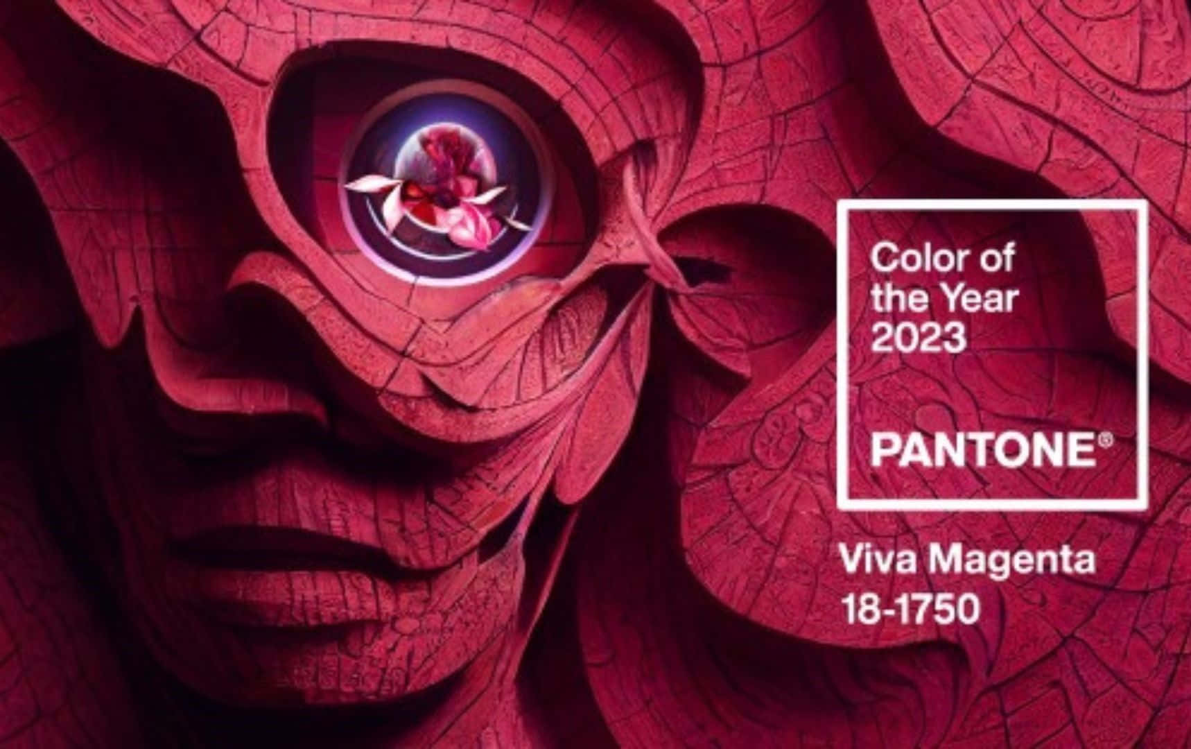 Pantone 2023 年度色彩 Viva Magenta 以風格化的紅色面孔和發光的眼睛呈現。