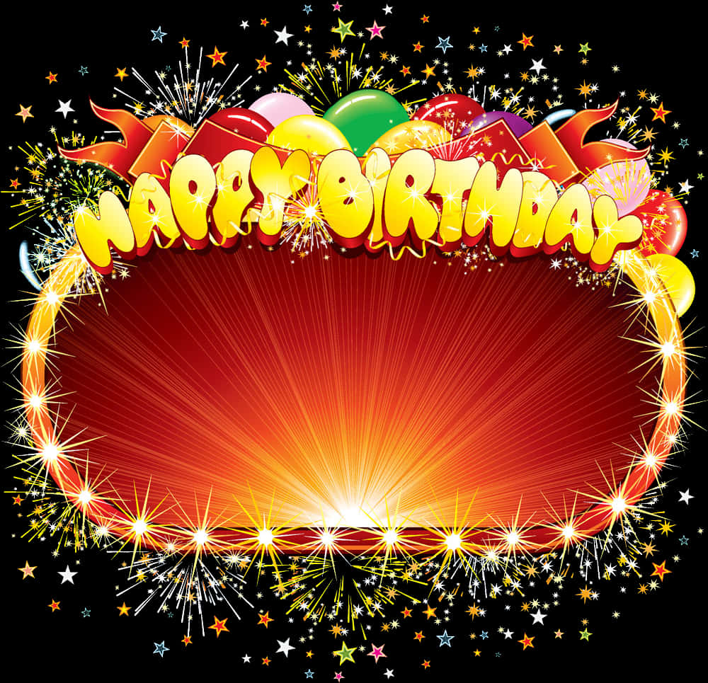 活力生日框架 壁紙 — 一個充滿活力的生日祝福，以黑色背景上發光的黃色文字，周圍環繞著彩色氣球、煙花和閃爍的星星。