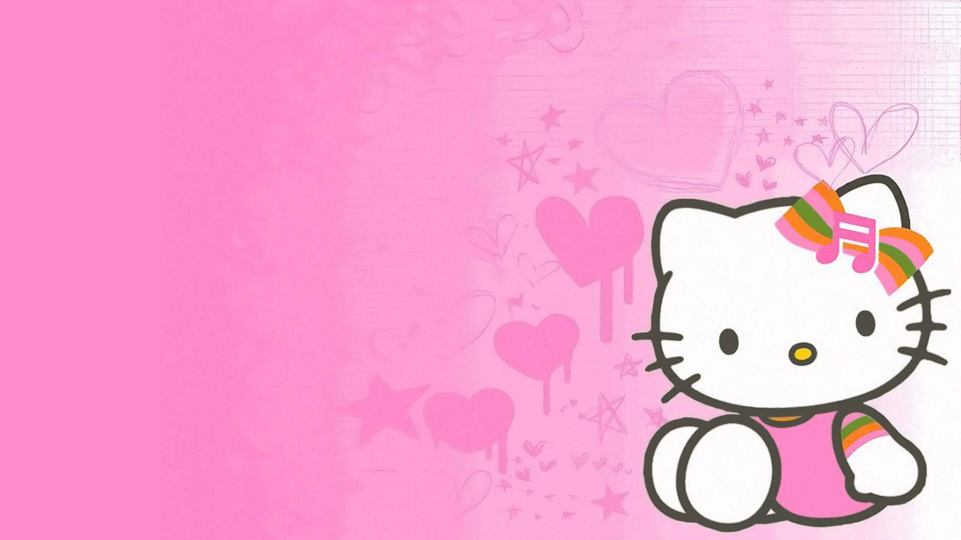 活力粉紅 Hello Kitty 壁紙 — Hello Kitty 開心地坐在一個以心形和星星裝飾的柔和粉紅色背景中。