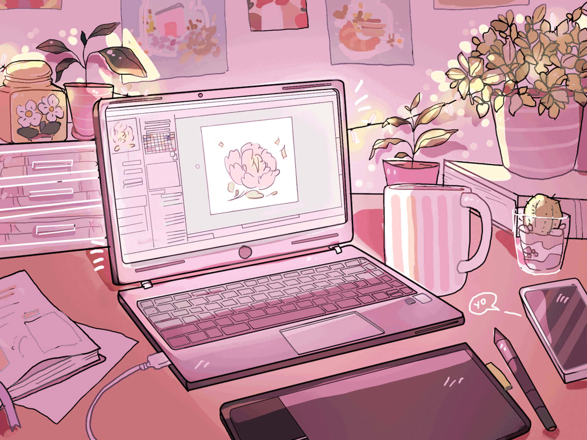 活力粉紅動漫美學 壁紙 — 一個舒適的粉紅色插圖書桌場景，桌上有一部顯示花朵繪圖的筆記型電腦，周圍環繞著植物和美術用品。