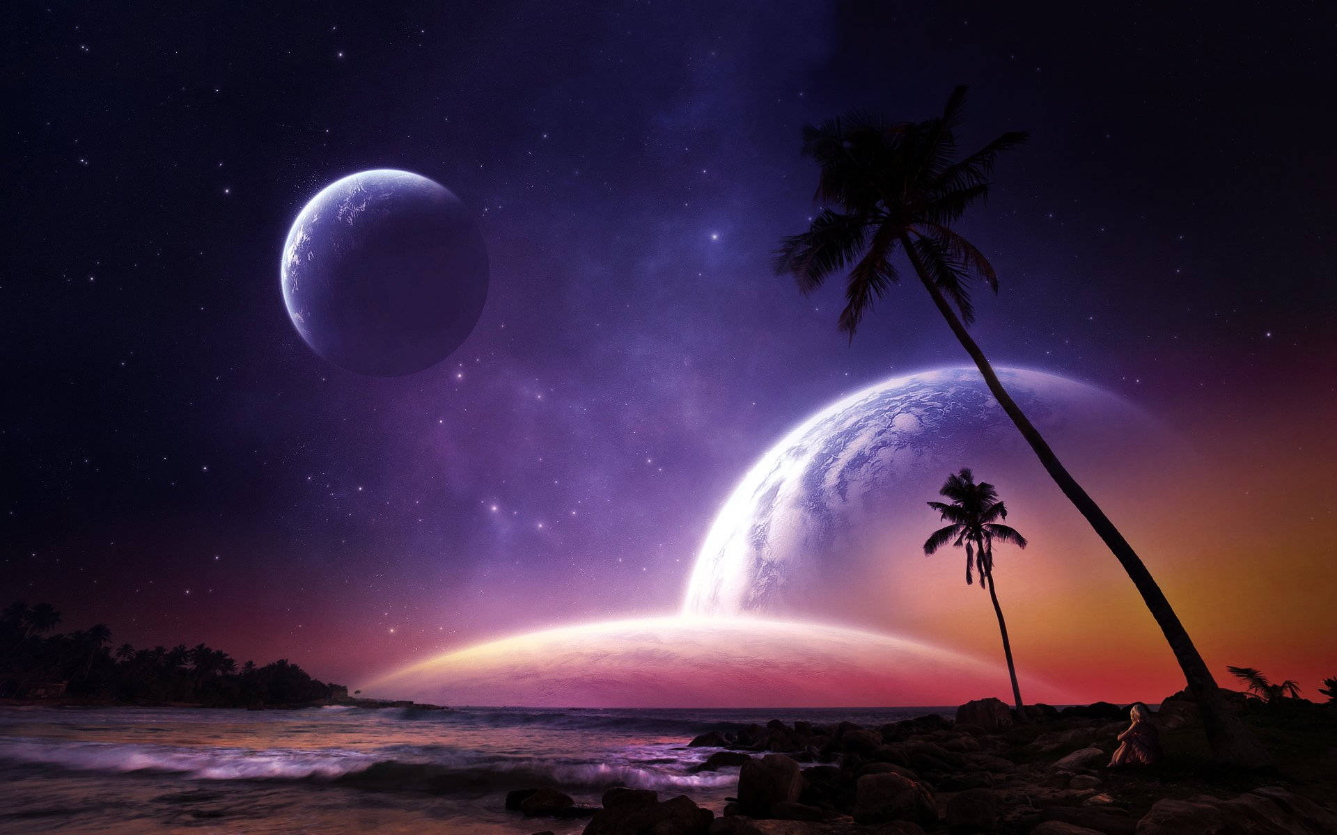 活力紫色星球與自然風景 壁紙 — 黃昏時分超現實的外星海灘，棕櫚樹在發光的地平線上形成剪影，兩顆行星懸掛在繁星點點的紫色天空中。