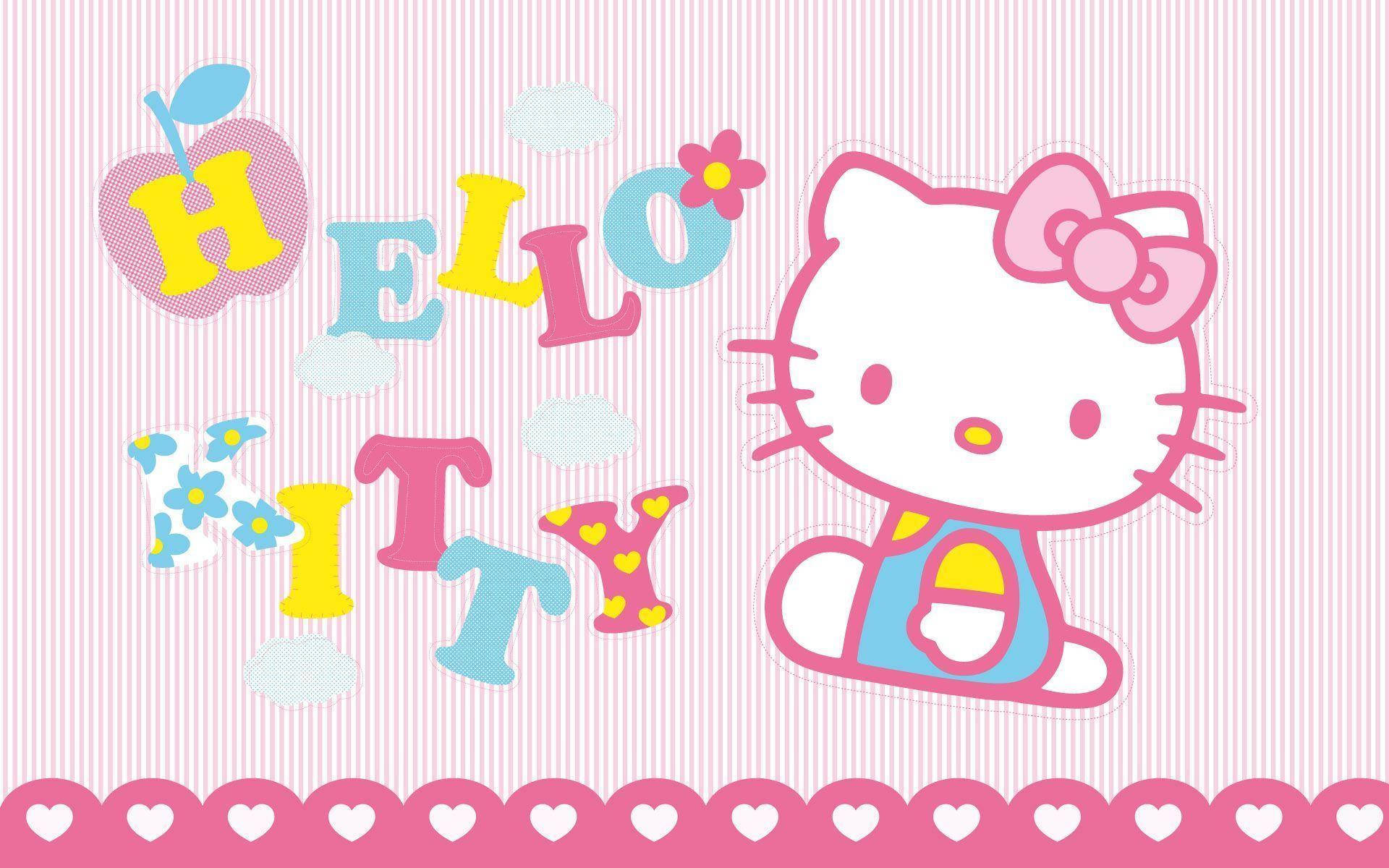 活力美學Hello Kitty桌面壁紙 壁紙 — Hello Kitty 喺粉紅色條紋背景上，心形邊框旁邊，開心地坐喺色彩繽紛嘅字母旁邊。
