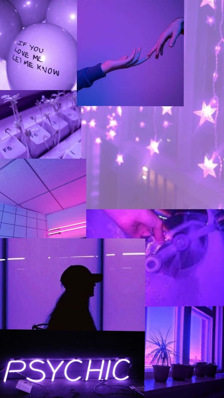 紫色主題拼貼，包含手寫氣球、星光和一個霓虹靈媒標誌。