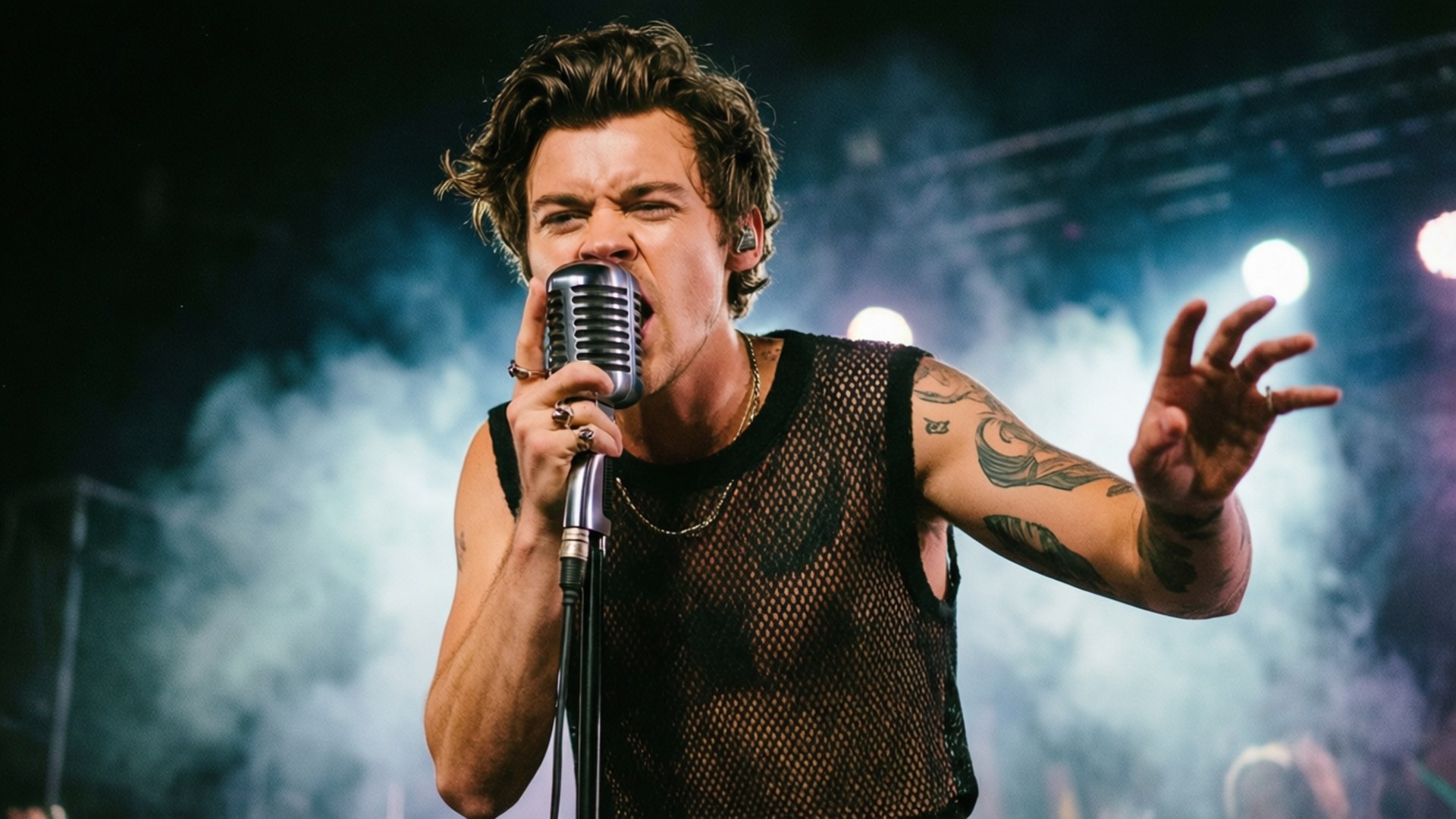 Harry Styles 手持復古咪高峰在舞台上充滿活力地獻唱