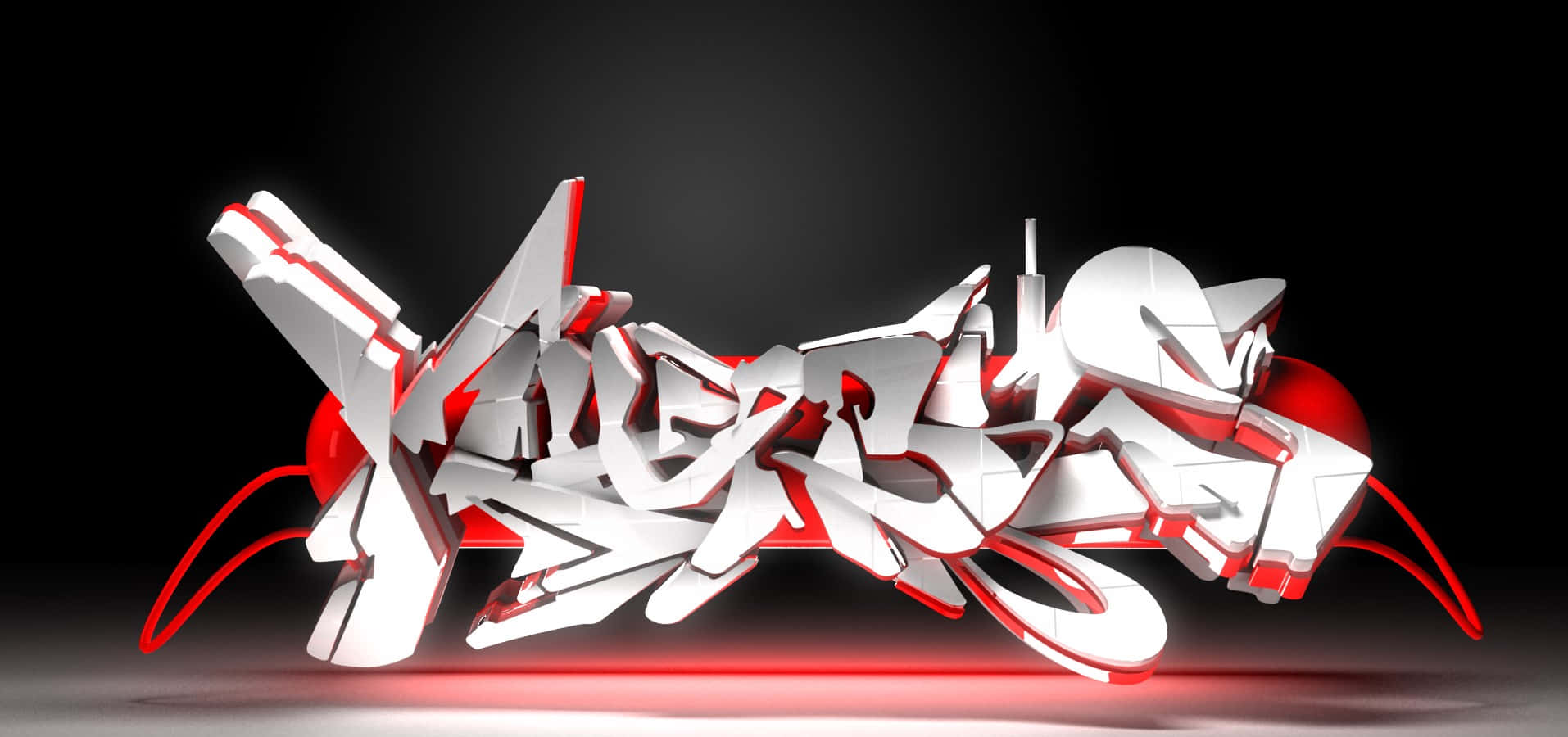 紅色和白色3D塗鴉字母，在黑暗背景上帶有發光底座