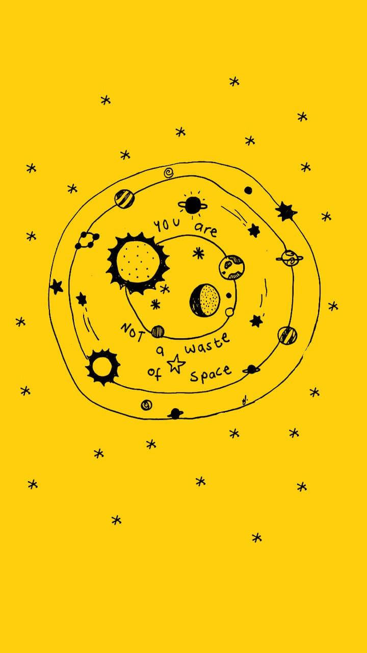 手繪太陽系，行星和文字「你不是浪費空間」在黃色背景上。
