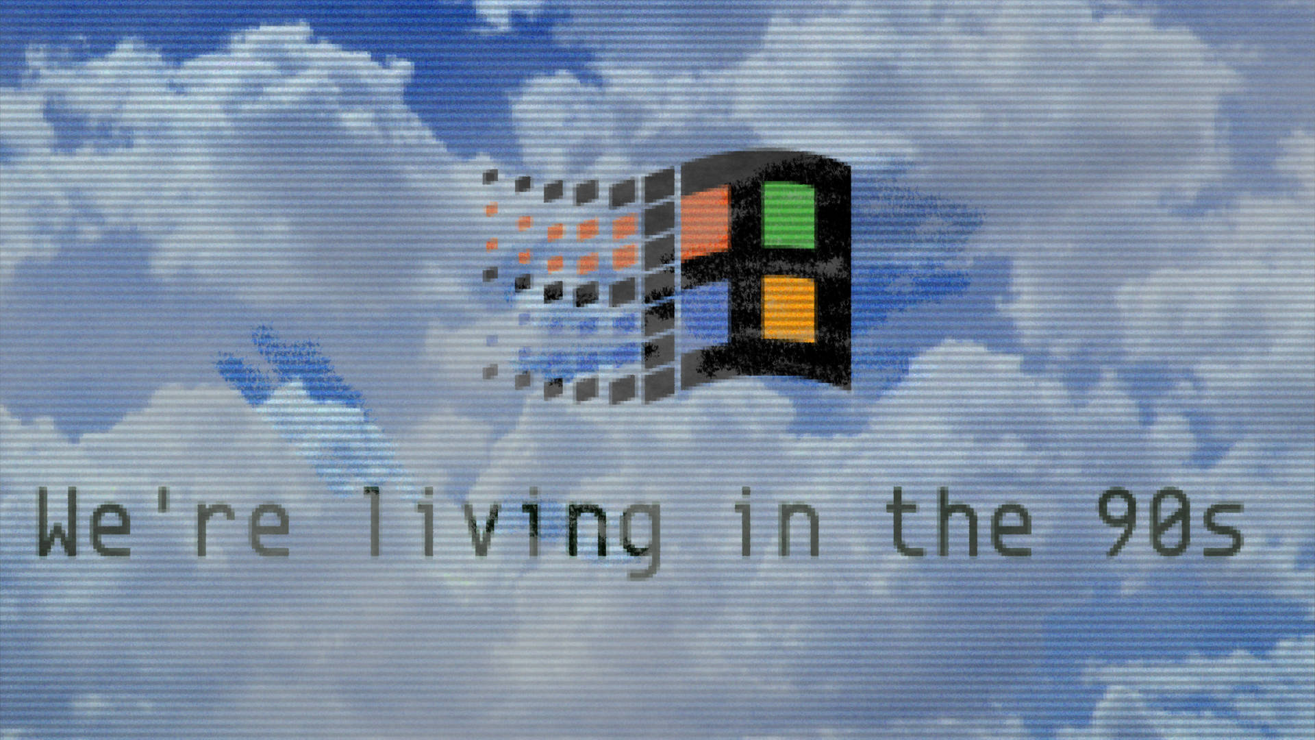 活在九十年代蒸汽波桌面 壁紙 — 復古Windows 95標誌漂浮在多雲的天空中，帶有復古掃描線和宣稱我們生活在90年代的文字。