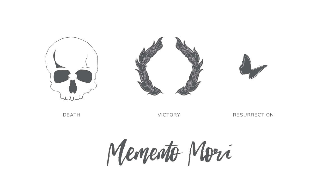 三個象徵死亡、勝利和復活的圖標，附有Memento Mori文字。