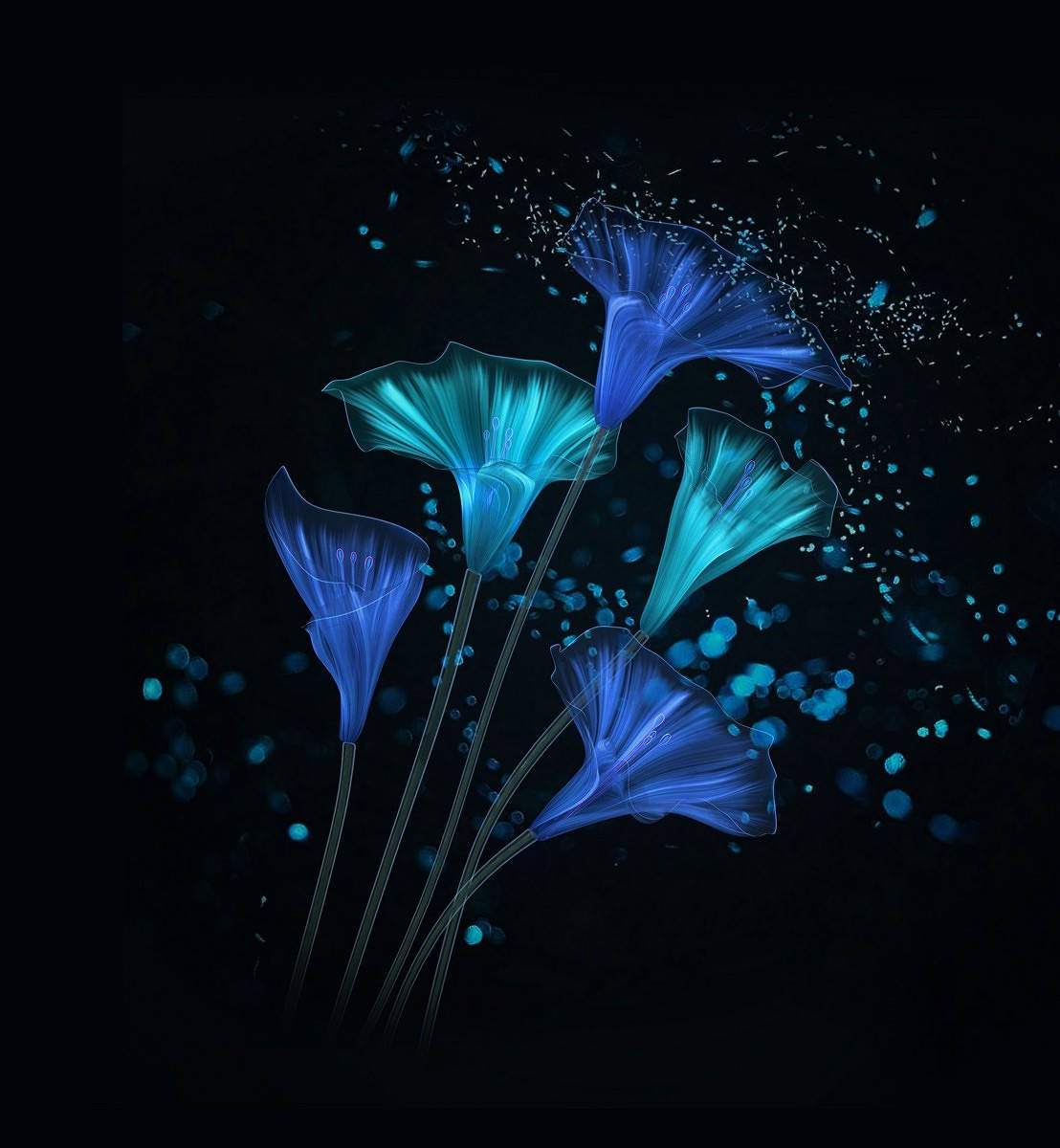 在黑暗環境中，帶有閃爍粒子的發光藍色花朵。