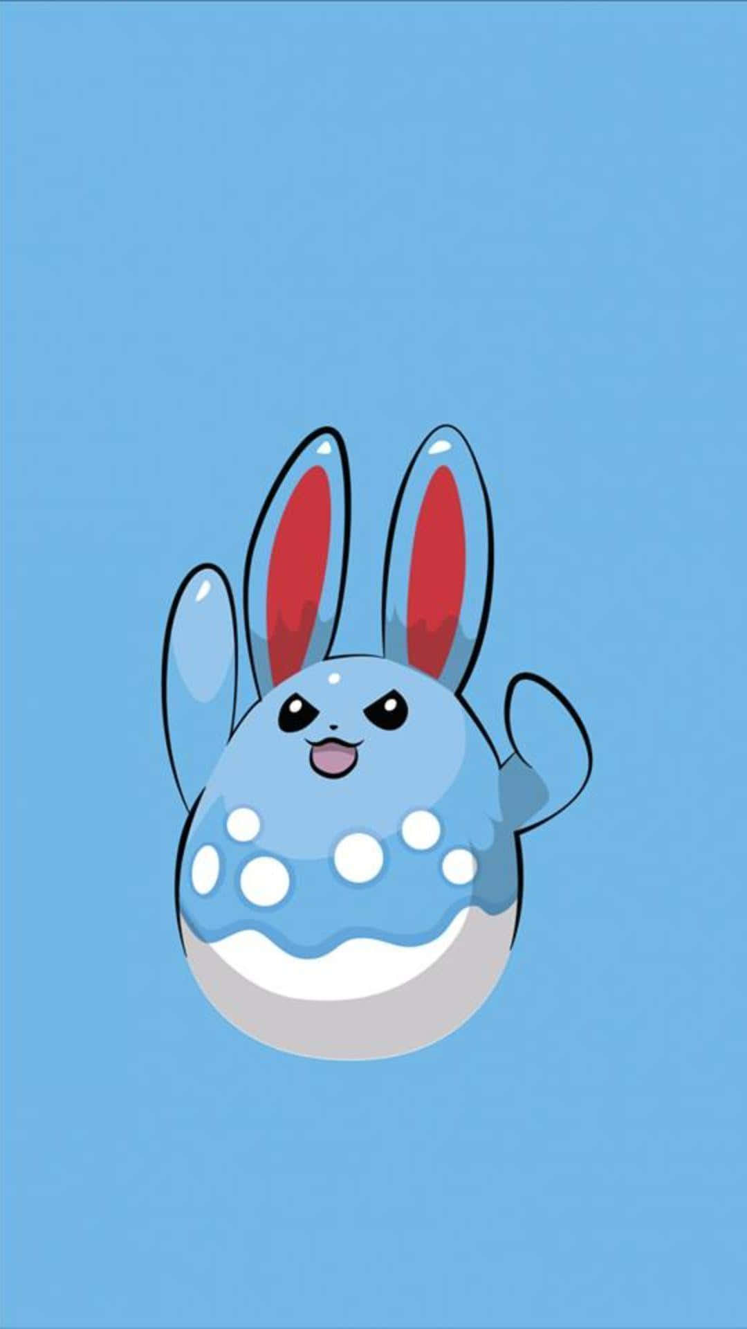 活潑的 Azumarill 壁紙 — 一隻可愛的藍色兔仔Pokémon，有紅色內耳和白色斑點，在純淺藍色背景上開心地揮手。