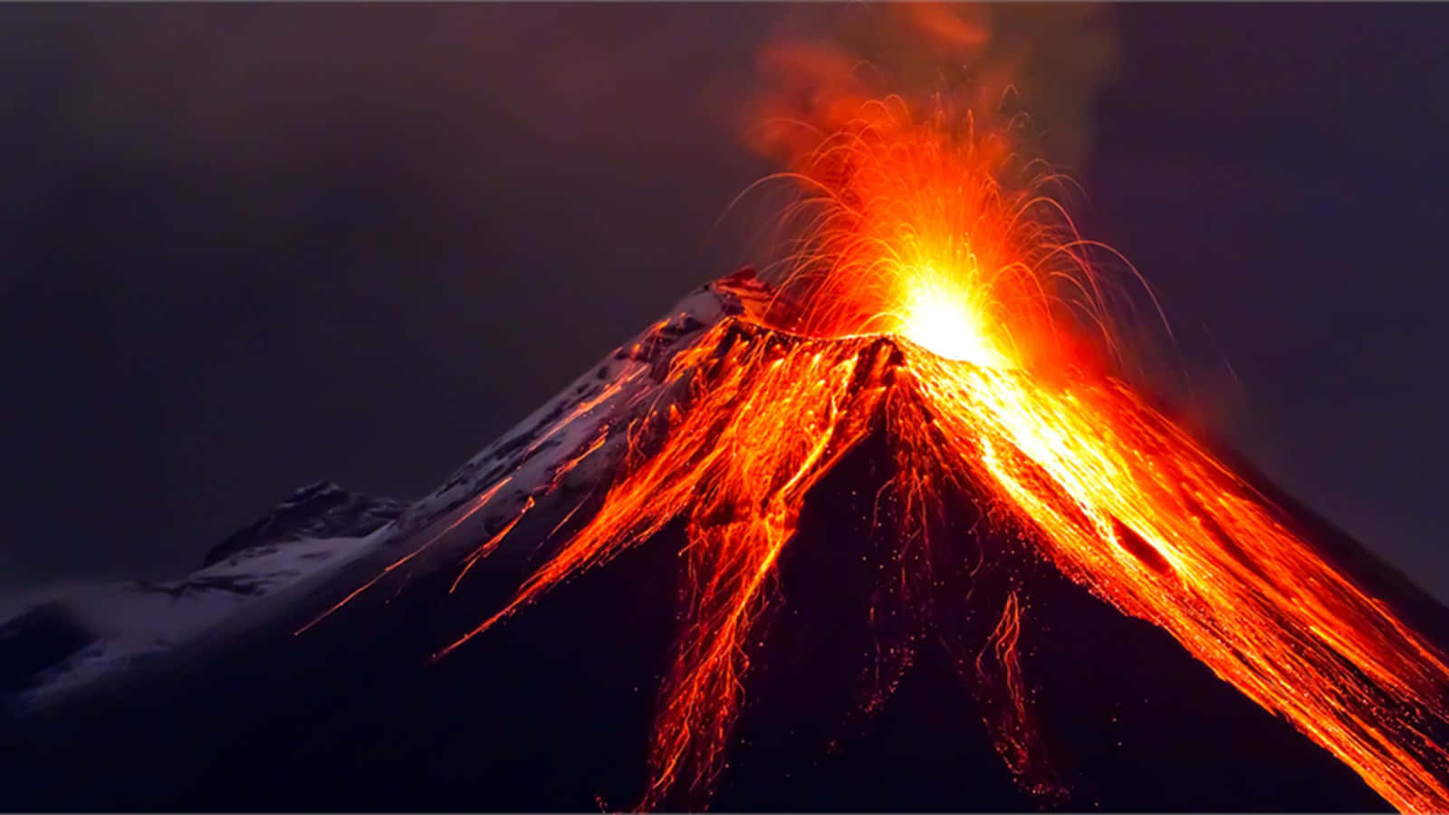 活火山噴發時蒸氣騰空 壁紙 — 一座積雪覆蓋的火山在夜間猛烈噴發，發光的熔岩沿著山坡傾瀉而下。