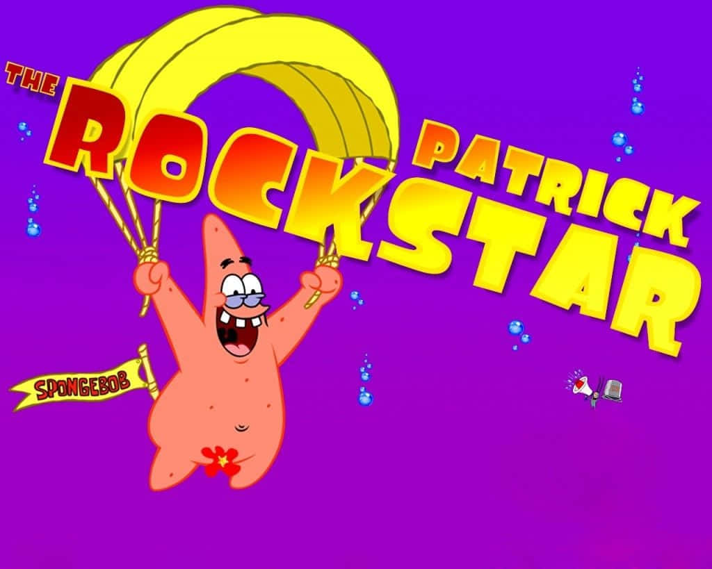 Funny Patrick 桌布 壁紙 — 派大星在充滿活力的紫色背景上快樂地跳傘，並有粗體黃色文字宣告「The Rockstar」。