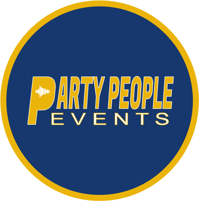 派對人事件標誌 壁紙 — 粗體黃色文字在藍色圓圈內寫著「PARTY PEOPLE EVENTS」，帶有黃色邊框。