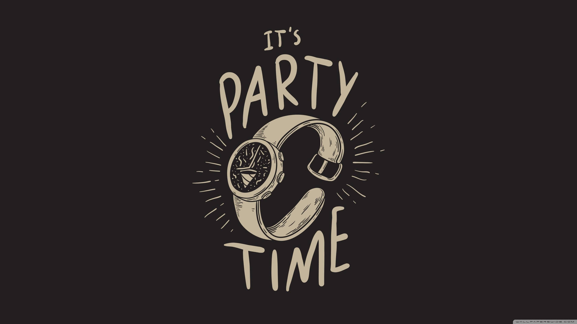 一個帶耳機的「C」形手錶，被「IT'S PARTY TIME」文字包圍。