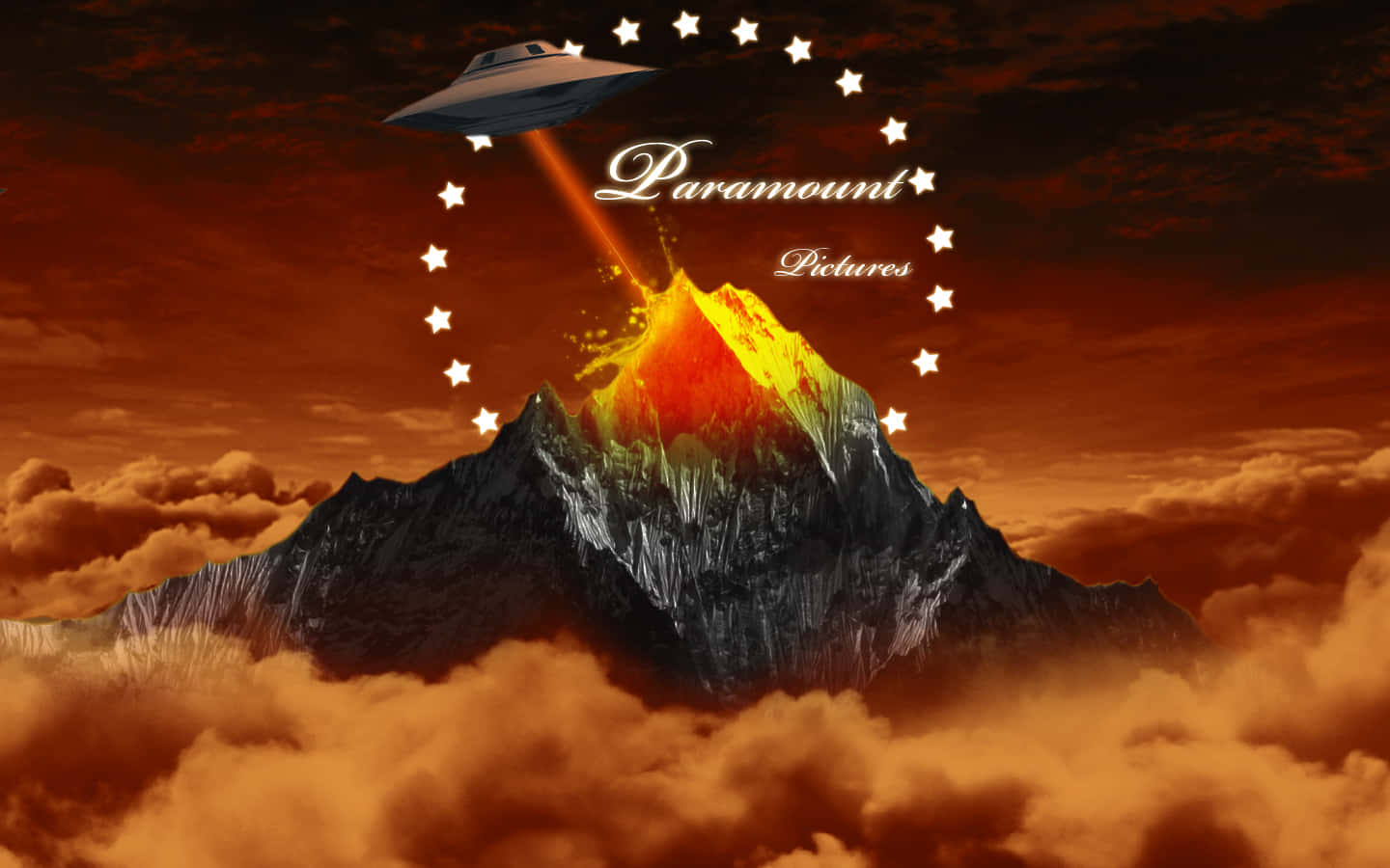UFO在山峰上，帶有Paramount Pictures標誌和星星
