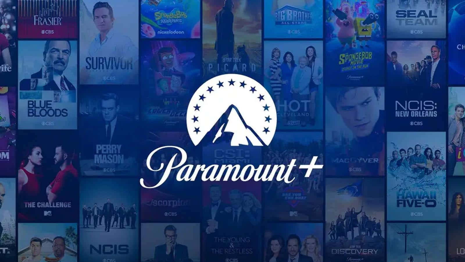 Paramount+ 串流服務標誌覆蓋於電視節目封面拼貼之上。