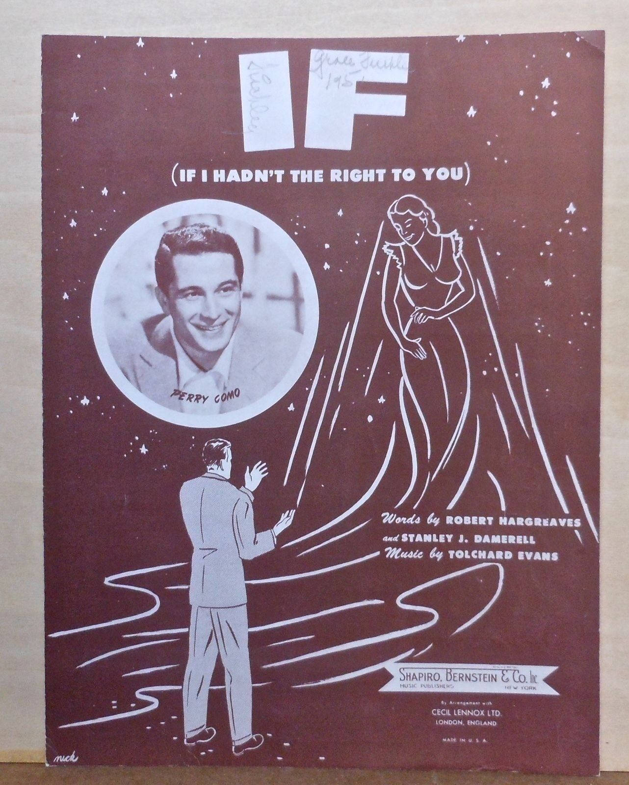 派瑞·康莫90年代專輯封面 壁紙 — Perry Como 歌曲的復古 1950 年代樂譜封面，描繪一名男子向星空伸手，旁邊有一位身穿飄逸長裙的女子。