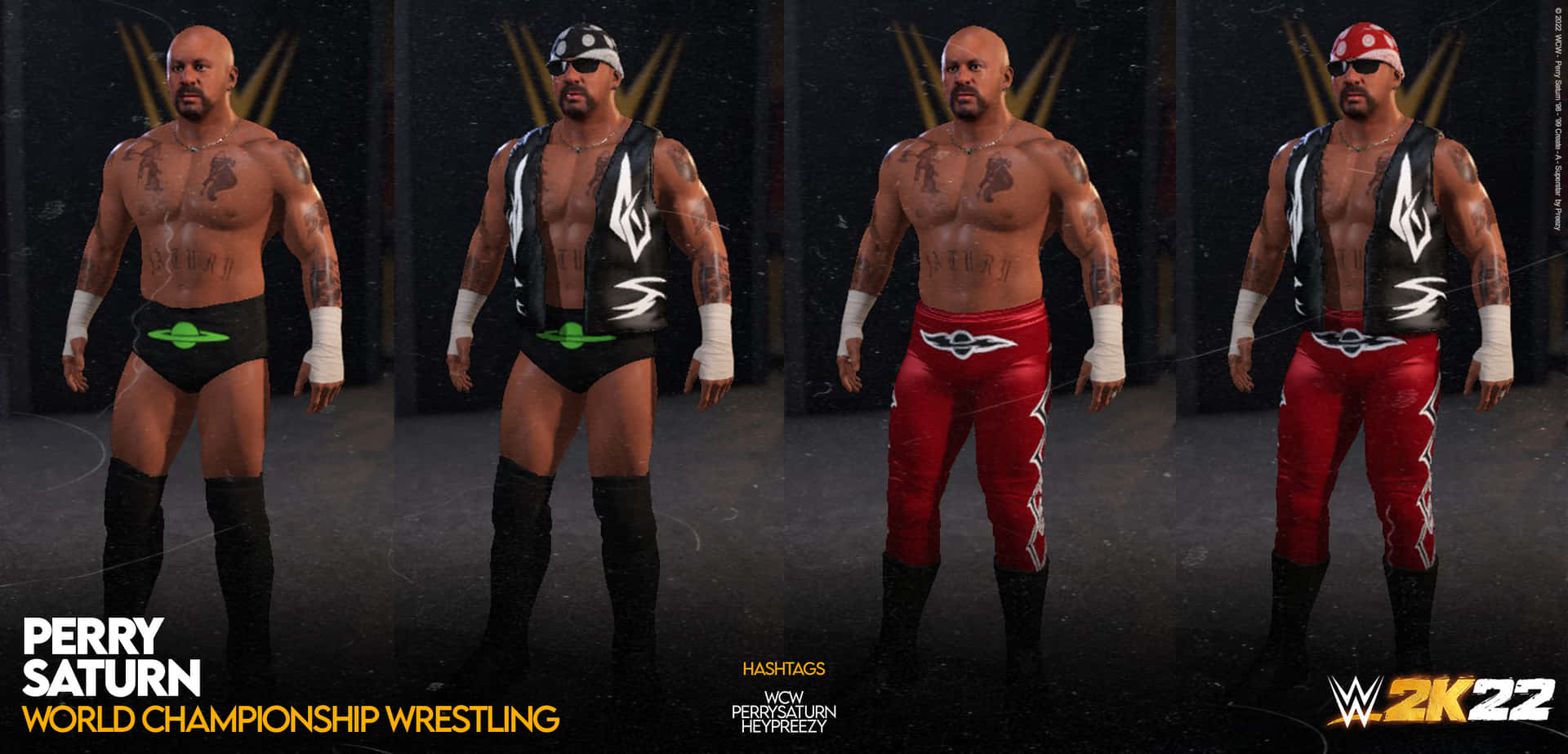 四張 Perry Saturn 摔角角色在不同服裝中的渲染圖。