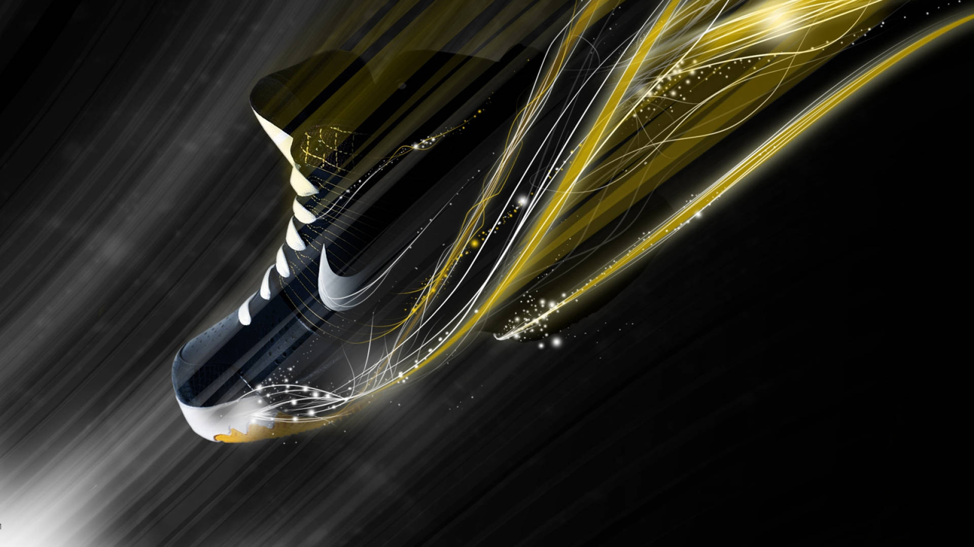 流星Nike iPhone 壁紙 — 一雙時尚的黑金Nike運動鞋在黑暗背景上劃過動態軌跡。
