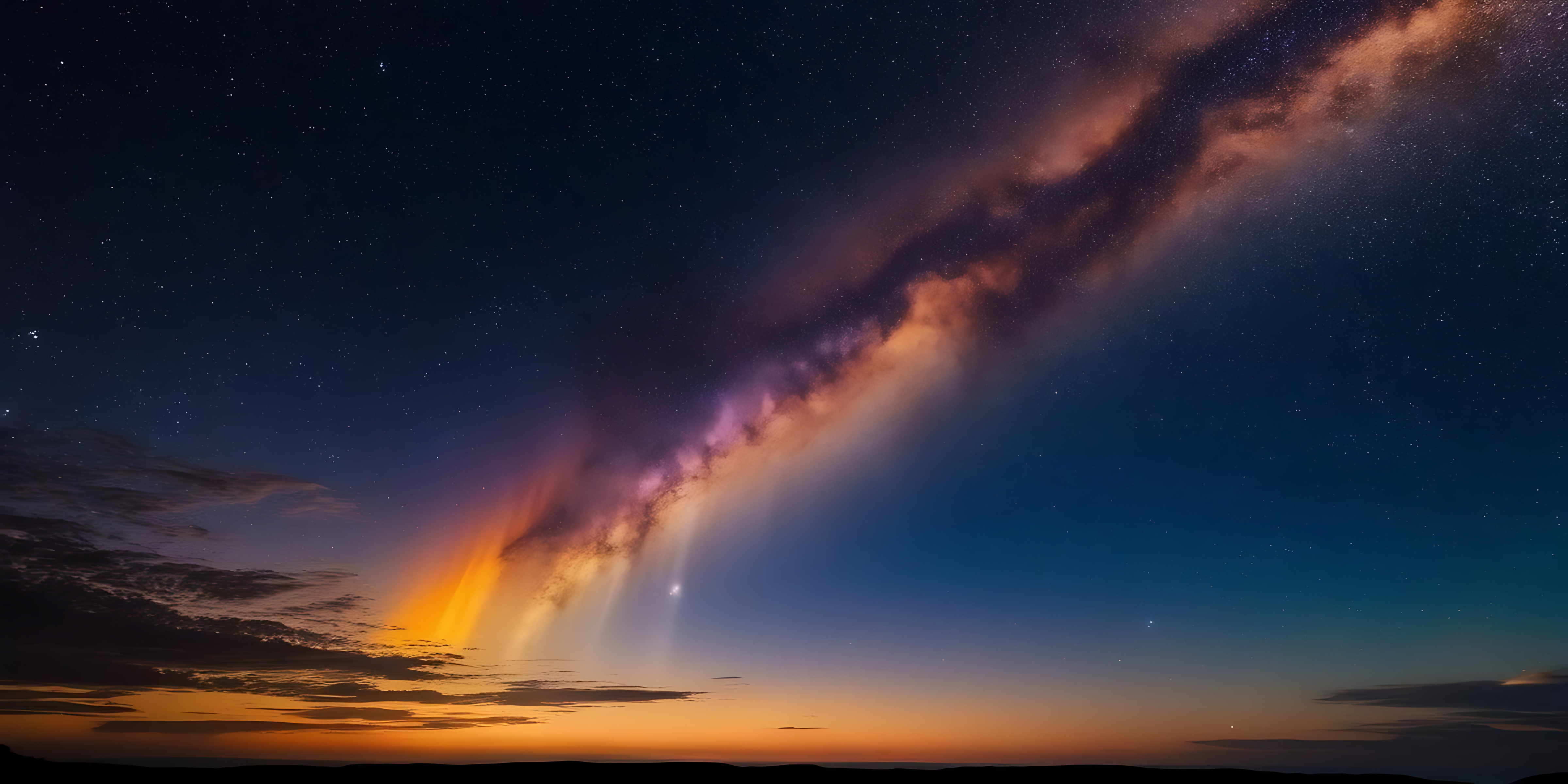 流星劃過夜空 壁紙 — 令人嘆為觀止的夜空，銀河在剪影般的地平線上方散發出充滿活力的紫色和橙色光芒。
