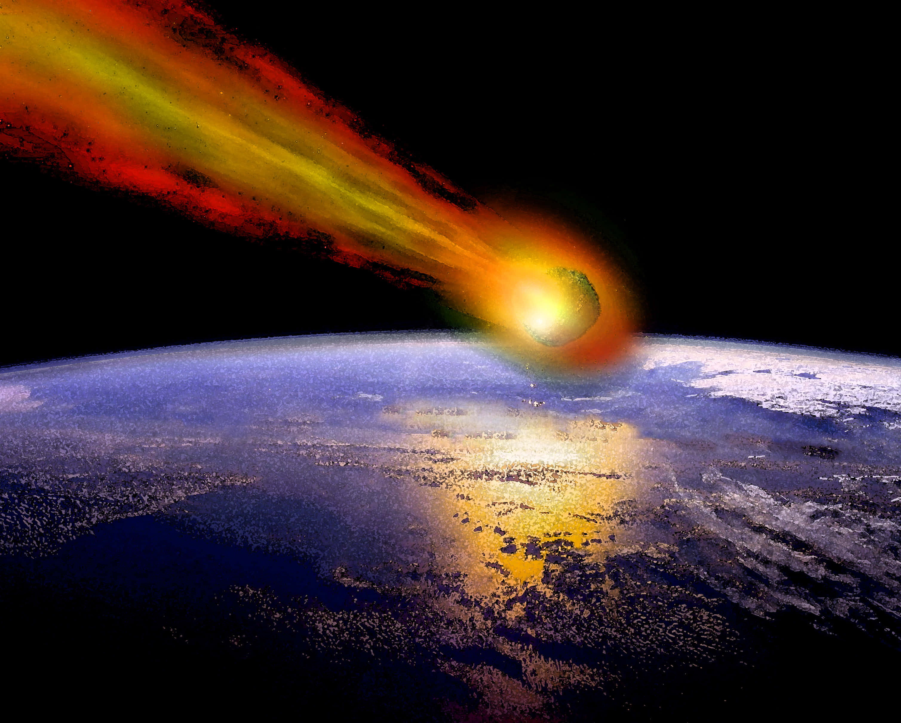 流星劃過夜空，照亮前景樹木 壁紙 — 一顆熾熱的流星劃向地球，在地球藍白相間的表面上留下一道發光的軌跡。