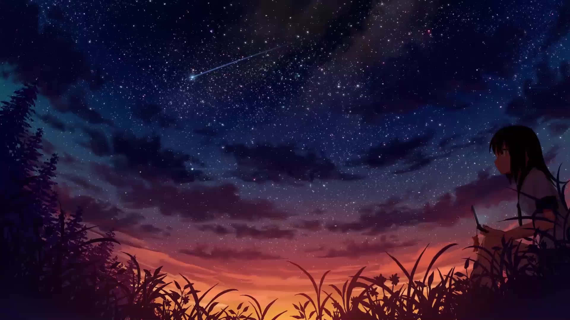 剪影中的女孩喺有星星嘅暮色天空中觀看流星。