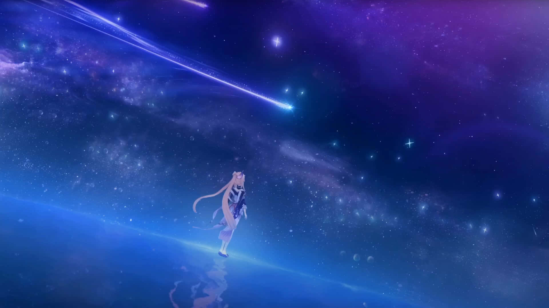 動漫女孩漂浮在星光燦爛的宇宙空間中，伴隨著發光的軌跡和遙遠的星系。